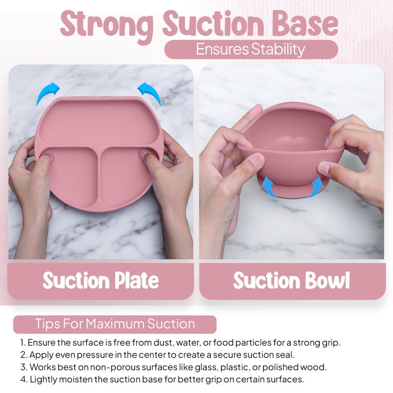 o'doe 11-Piece BPA-Free Silicone Baby Feeding Set | Thick & Soft Suction Plates, Baby Bowls, Wooden Fork & Spoon, and More | Make Mealtime Fun and Easy for Your Little One (Rose, V1) - Image 3